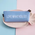 Large capacity light blue PU leather pencil case with cute quote and pink zipper detail - Letter Style / Blue