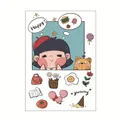 Cute cartoon PVC sticker sheet featuring a girl, cat, and various food illustrations. - Chubby Girl