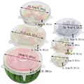 Detailed dimensions for 6 pieces of silicone stretch lids shown on various containers. - 6-Piece Set