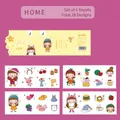 Cute cartoon girl and food stickers set for scrapbooking, 4 sheets with 28 patterns - Home Series / 4 Sheets/Set