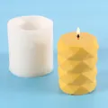 Yellow faceted pillar candle next to its white silicone mold on blue background - Geometric Prism Style (50-2758-D) / White
