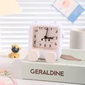 Cute white cartoon square alarm clock with bear face and small horns for children's desk - White