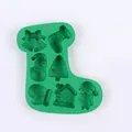 Green Christmas stocking shaped silicone mold featuring snowman and tree for baking - Sock Shape 7-Cavity Style (J2761) / Green