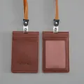 Minimalist brown PU leather ID card holder with lanyard for students and office - Magnetic Card Holder / Brown