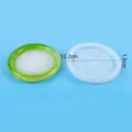 Close-up of round tray silicone mold and green resin coaster with dimensions and weight - Round Shape (60-1214)