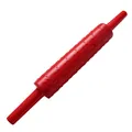 Detailed view of a red plastic rolling pin with an embossed heart pattern for baking - Heart Style (75122) / Red Heart Pattern / Red