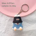 Cute cartoon bear keychain charm with hoodie and bucket hat design - Black Blue Bear