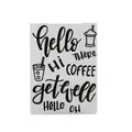 Detailed view of a white DIY embossing stencil with coffee icons and greeting text - Coffee Greetings (58038)