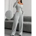 Conjunto de dos piezas de punto acanalado gris con top sin hombros y pantalones de pernera ancha - Gris