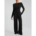 Elegante conjunto de dos piezas de punto de canalé negro para mujer con pantalón ancho - Negro