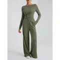 Conjunto de punto de canalé verde oliva con top de manga larga y pantalones anchos - Verde
