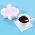 White square resin coaster set with holder, displayed with a coffee cup on blue background. - Square Hollow Box + Square Pad (60-792)