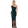 Elegant emerald green one-shoulder sequin gown with a side slit for formal events - S / Bottoms / Dark Green