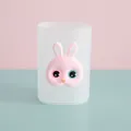 Front view of frosted transparent pen holder with 3D pink cartoon bunny face detail. - Pink Rabbit / White (Pink Rabbit)
