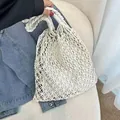 Bolso de playa de macramé tejido blanco hecho a mano de gran capacidad para el verano - Blanco