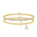 Detailed view of layered gold anklet with tennis chain and pavé letter A charm - Letter A (TA-BR-090) / Gold