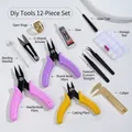 12-piece DIY jewelry tool set with pliers, tweezers, glue, and caliper for bead stringing - Complete Tool Kit With Caliper And Box