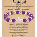 8mm Amethist natuursteen elastische armband met wit kruis bedeltje en tekst kaartje - Amethyst gold beads