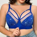Primer plano de un sujetador de talla grande azul real con pedrería brillante y detalles de malla - S / Tops / Azul