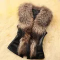 Chic women's faux fur vest featuring black faux leather and faux raccoon fur trim - S / Tops / Natural Fur Color