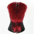 Chic women's faux raccoon fur vest in dark red and black leather finish slim fit - S / Tops / Burgundy