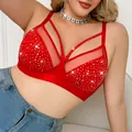 Bralette rojo de talla grande con pedrería, detalles de tiras sexys e inserciones de malla - S / Tops / Rojo
