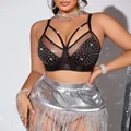 Sujetador negro con pedrería brillante y correas cruzadas para ropa de fiesta mujer - S / Tops / Negro (Brillante 2)