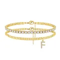 Detailed view of gold-layered anklet with cubic zirconia tennis chain and letter F charm. - Letter F (TA-BR-090) / Gold
