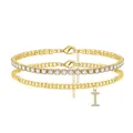 Detailed view of gold double-layered anklet with crystal tennis chain and initial I charm. - Letter I (TA-BR-090) / Gold