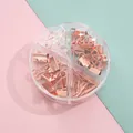 Rose gold stationery set with binder clips, paper clips, and push pins in a round box. - Stationery Storage Box Combo / Rose Gold