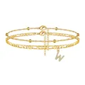 Dettaglio cavigliera multistrato oro con pendente 'W' in zircone. - Lettera W / Oro