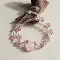 Bracelet double rang en perles de quartz fraise avec renard sculpté en quartz rose - Style Étoile
