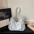 Modern white faux leather hobo shoulder bag with zipper details for stylish women - 29*11*17 / Blue
