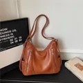 Large capacity brown leather underarm shoulder bag with zipper detail for women - 29*11*17 / Brown