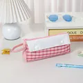 Large capacity pink plaid handheld pencil case for student school stationery storage - Pink