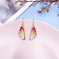 Handmade cicada wing drop earrings with red and yellow gradient and small crystals - Gold Style / Orange Gradient