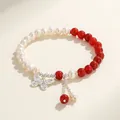 Handmade freshwater pearl and red agate bracelet with silver butterfly charm - Southern Red Agate Freshwater Pearl Butterfly Style
