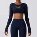 Slim fit deep blue long sleeve yoga shrug featuring front cutout and thumbholes - Navy Blue