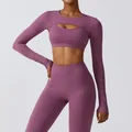 Mauve workout yoga set featuring a long-sleeve bolero shrug and matching sports bra detail - S / Tops / Plum Purple