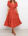 Elegant rust red V-neck ruffle sleeve midi dress with tie waist and tiered Bohemian skirt - Orange Red