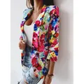 Colorful floral print blazer jacket for women, stylish spring casual outerwear - S / Tops / Red