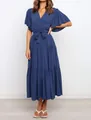 Front view of elegant blue bohemian V-neck tiered maxi dress with ruffled sleeves - Dark Blue