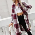 Casual red plaid longline shirt jacket for women featuring a lapel collar and buttons. - S / Tops / Burgundy