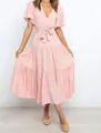 Elegant pink V-neck Bohemian maxi dress with ruffled short sleeves and belted waist - S / Tops / Pink