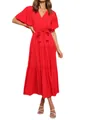 Elegant vibrant red V-neck bohemian maxi dress with flutter sleeves and tiered skirt - S / Tops / Red