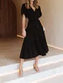Chic black V-neck Bohemian midi dress featuring ruffle sleeves and a belted waist - S / Tops / Black