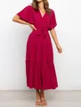 Elegant bohemian magenta V-neck maxi dress with ruffle sleeves and tiered skirt - S / Tops / Fuschia