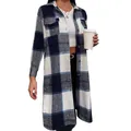 Women's blue and white plaid long-sleeve shacket with turn-down collar and chest pockets - S / Tops / Navy Blue