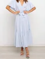 Elegant light blue V-neck Bohemian maxi dress featuring a waist tie and ruffle sleeves - Sky Blue