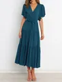 Elegant teal V-neck bohemian maxi dress with ruffled sleeves and belted waist. - Dark Green